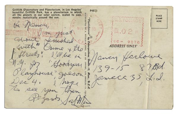 Sal Mineo Autograph Letter Signed on a Postcard Sent Less Than One Week After the Premiere of Rebel Without a Cause -- Postcard Depicts the Famous Griffith Observatory From Rebel