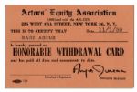 Mary Astors Union Card, Given to Her Upon Her Retirement -- From the Actors Equity Association
