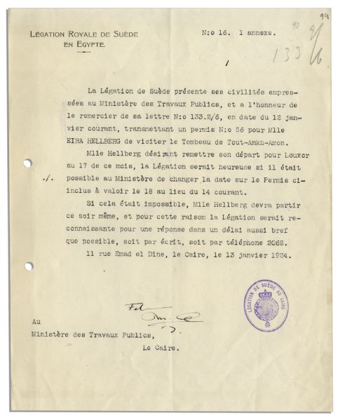 Letter Regarding a Foreign Visitor to King Tuts Tomb in 1924 -- ...license...to visit the Tomb of Tout-Ankh-Amon...