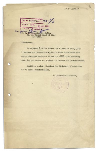 Letter From the Swedish Legation to the Egyptian Government Regarding a Foreign Visitor to King Tuts Tomb in 1924