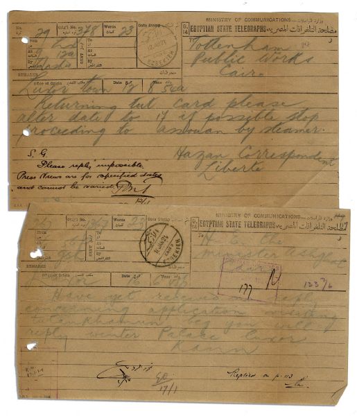 Two Telegrams Pertaining to Press Coverage of King Tuts Tomb, Sent in 1923 & 1924 -- ...received no reply concerning visiting Tutankhamun beg you will reply...