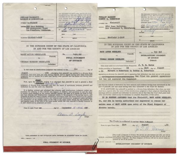 Mary Astor Divorce Certificate From Her Marriage to Thomas Gordon Wheelock