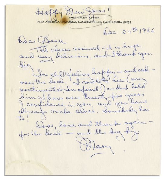 Mary Astor Autograph Letter Signed to Her Agent Gloria Safier -- ...Im still feeling happy -- and sad -- over the deal...