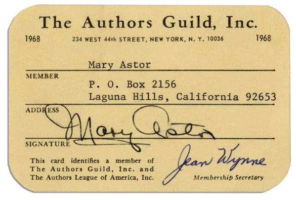 Mary Astors 1968 Authors Guild Membership Card, Signed by Astor