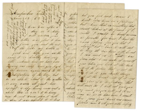 Civil War Letter by a 64th Ohio Infantryman -- ...a spy hung once and a while. There is 2 or 3 to be hung now...There was one hung one week ago and there were 2 hung...a few days ago...