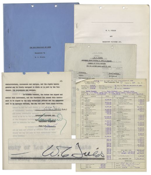 W.C. Fields Signed Contract for The Big Broadcast of 1938 -- Bob Hopes Film Debut -- Lot Also Includes Script Listing Comedy Sequences & Detailed Cost Statement for Film