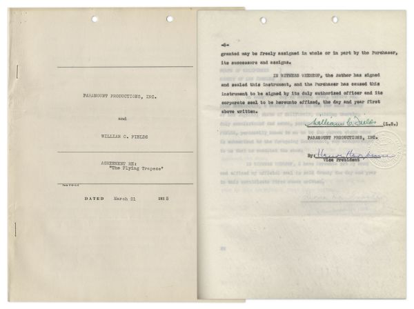 W.C. Fields Signed Contract for Man on The Flying Trapeze