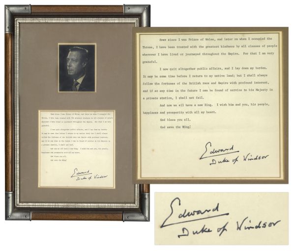 King Edward VIII Signed Copy of His Abdication Speech