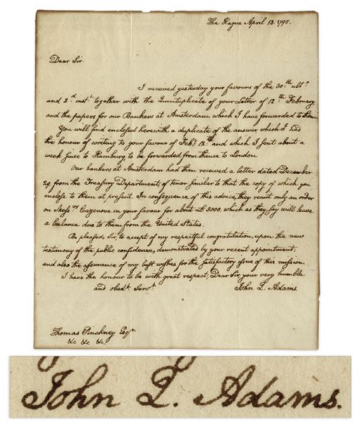 John Q. Adams Autograph Letter Signed to Thomas Pinckney -- ...accept my respectful congratulation and also the assurance of my best wishes for the satisfactory issue of this mission...