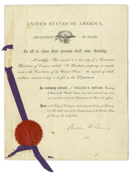 William H. Seward Signed Resolution Bringing the 15th Amendment to Congress -- ''...The right of citizens of the United States to vote shall not be denied...on account of race, color...''