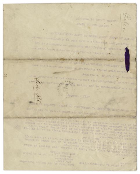 William H. Seward Signed Resolution Bringing the 15th Amendment to Congress -- ''...The right of citizens of the United States to vote shall not be denied...on account of race, color...''