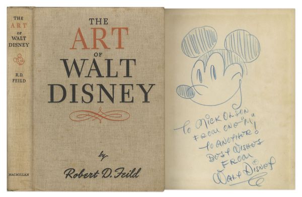 Walt Disney Signed Drawing of Mickey Mouse -- Sketched Within a First Edition Copy of "The Art of Walt Disney" -- An Exceptionally Rare Disney Piece