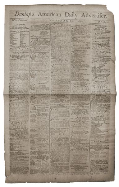 1791 Dunlaps American Daily Advertiser Newspaper -- John Hancock, Benjamin Franklin & George Washington at Mt. Vernon Content