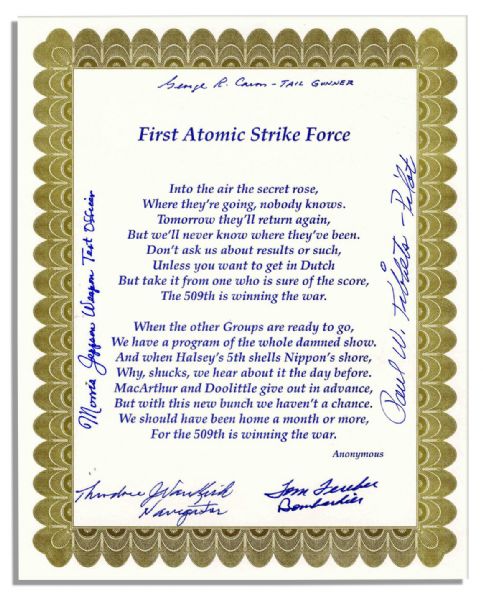 Enola Gay Poem Signed by Five Crew Members Including Tibbets, Jeppson, Caron & Ferebee