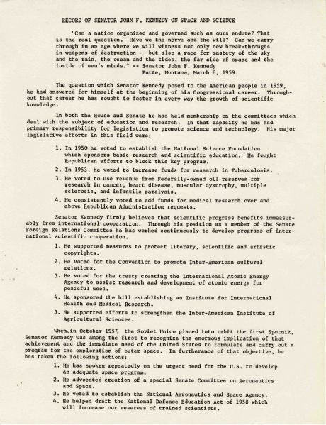 John F. Kennedy's Senate Staff Touts His Record on Space & Science as the World Jockeyed for Space Dominance