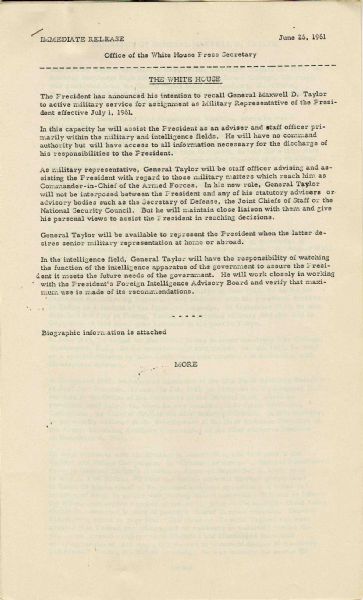 President John F. Kennedy Appoints General Maxwell D. Taylor as His Military Advisor -- Shake-up of Staff After the Bay of Pigs