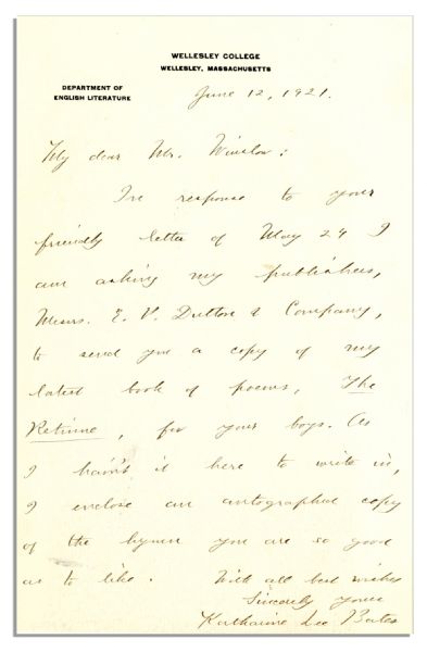Katharine Lee Bates Autograph Letter Signed -- Refers to ''America the Beautiful'' -- ''...I enclose an autograph copy of the hymn you are so good as to like...''
