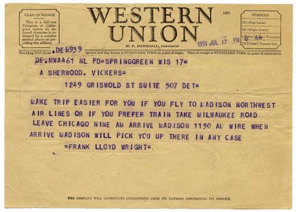 Fascinating 1950's Frank Lloyd Wright Lot -- Includes Telegrams, Unpublished Photos, Early Publications and Several Other Documents Relevant to the Renowned Architect