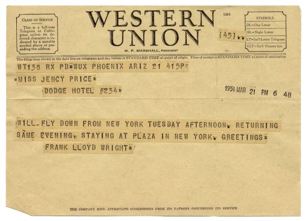Fascinating 1950's Frank Lloyd Wright Lot -- Includes Telegrams, Unpublished Photos, Early Publications and Several Other Documents Relevant to the Renowned Architect