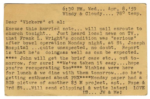 Fascinating 1950's Frank Lloyd Wright Lot -- Includes Telegrams, Unpublished Photos, Early Publications and Several Other Documents Relevant to the Renowned Architect