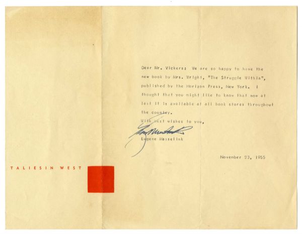 Fascinating 1950's Frank Lloyd Wright Lot -- Includes Telegrams, Unpublished Photos, Early Publications and Several Other Documents Relevant to the Renowned Architect