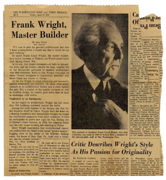 Fascinating 1950's Frank Lloyd Wright Lot -- Includes Telegrams, Unpublished Photos, Early Publications and Several Other Documents Relevant to the Renowned Architect