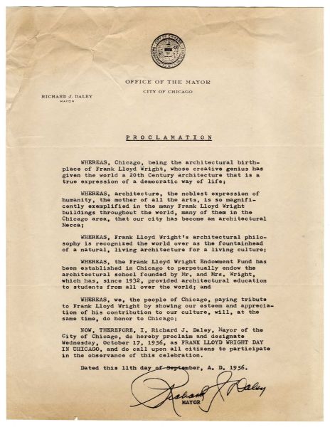 Fascinating 1950's Frank Lloyd Wright Lot -- Includes Telegrams, Unpublished Photos, Early Publications and Several Other Documents Relevant to the Renowned Architect