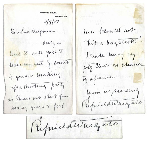General Reginald Wingate Autograph Letter Signed to Arthur Balfour -- ''...I have not shot for many years & feel sure I could not 'hit a haystack'...''