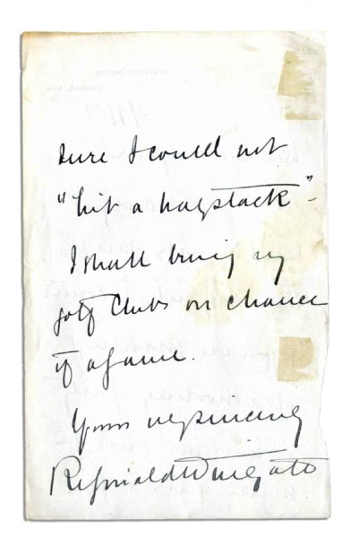 General Reginald Wingate Autograph Letter Signed to Arthur Balfour -- ''...I have not shot for many years & feel sure I could not 'hit a haystack'...''