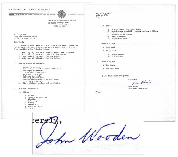 John Wooden Typed Letter Signed -- Legendary UCLA Basketball Coach Agrees to Speak on Coaching Topics
