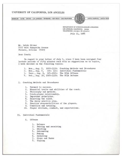 John Wooden Typed Letter Signed -- Legendary UCLA Basketball Coach Agrees to Speak on Coaching Topics