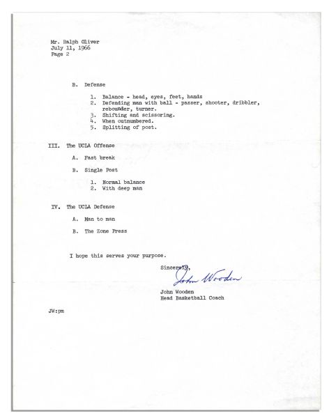 John Wooden Typed Letter Signed -- Legendary UCLA Basketball Coach Agrees to Speak on Coaching Topics