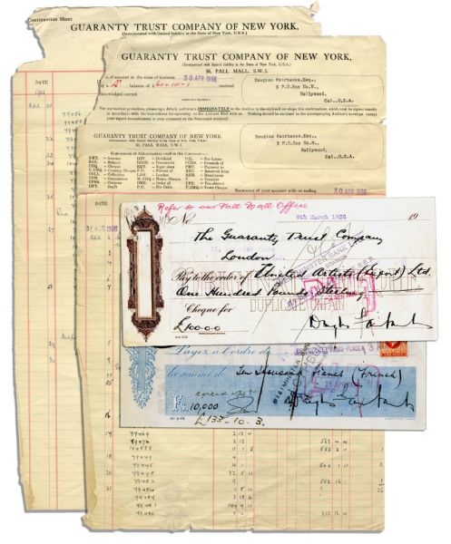 Douglas Fairbanks, Sr. 1936 Ledger Sheets & Two Single Signed Checks