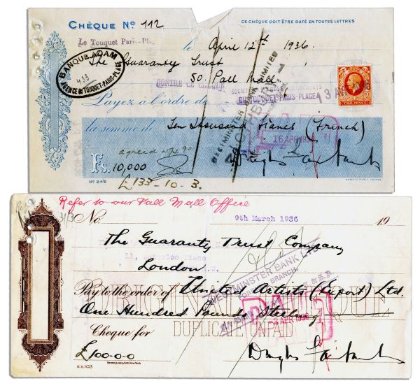 Douglas Fairbanks, Sr. 1936 Ledger Sheets & Two Single Signed Checks