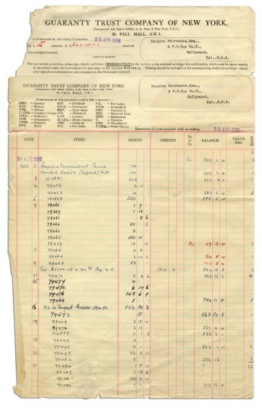 Douglas Fairbanks, Sr. 1936 Ledger Sheets & Two Single Signed Checks