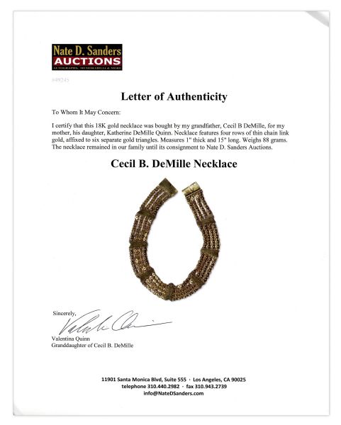 Cecil B. Demille Necklace Gifted to His Daughter, Actress Katherine Demille Quinn -- 88 Grams of 18K Gold -- With a COA From Cecil B. Demille's Granddaughter