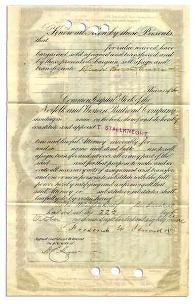 Frederick W. Seward Document Signed -- 1889 Railroad Stock Certificate