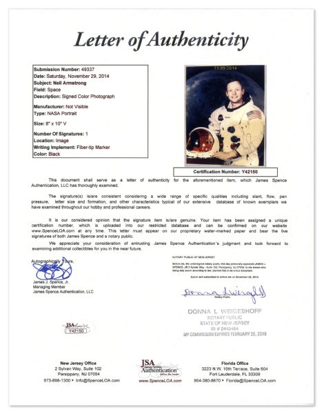 Neil Armstrong Signed 8 x 10 Photo, Uninscribed -- With a COA From JSA