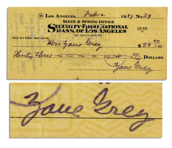 Zane Grey 1937 Holograph Check Signed -- Prolific Author of Popular Western Novels