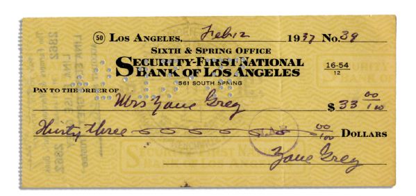 Zane Grey 1937 Holograph Check Signed -- Prolific Author of Popular Western Novels
