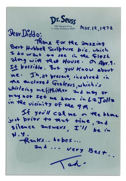 Dr. Seuss Autograph Letter Signed -- ''...I'm at present, involved in the enclosed Grolexus, which is whirlzing me fithither...''