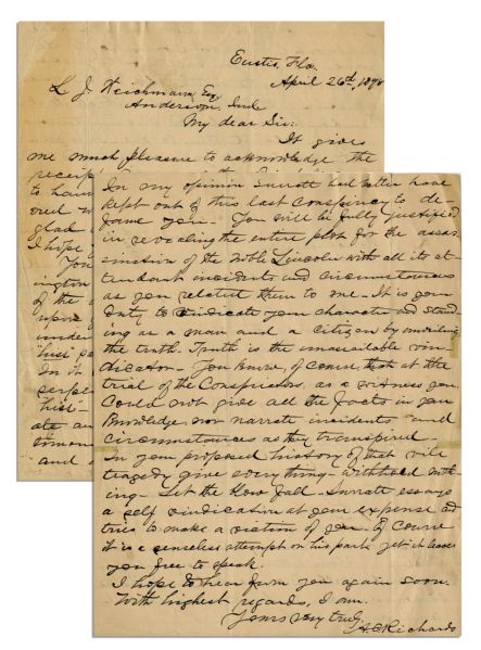 Eyewitness Letter to President Abraham Lincoln's Assassination -- ''...You will be fully justified in revealing the entire plot for the assassination of the noble Lincoln...''