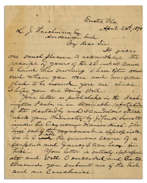 Eyewitness Letter to President Abraham Lincoln's Assassination -- ''...You will be fully justified in revealing the entire plot for the assassination of the noble Lincoln...''