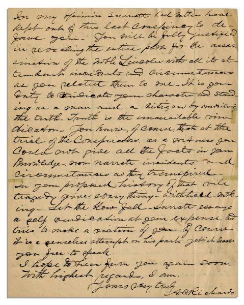 Eyewitness Letter to President Abraham Lincoln's Assassination -- ''...You will be fully justified in revealing the entire plot for the assassination of the noble Lincoln...''