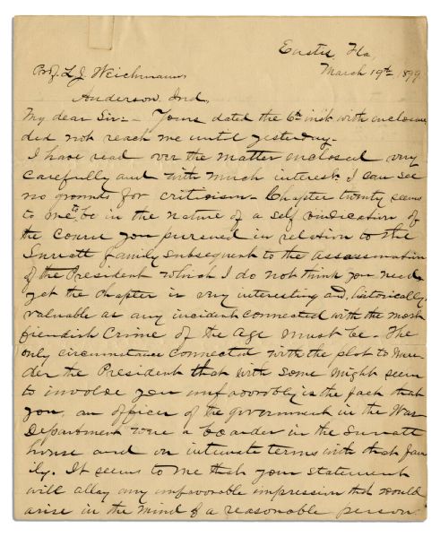 Lincoln Assassination Letter -- From Policeman Who Hunted Conspirators -- ''...you, an officer of the government...were a boarder in the Surratt house and on intimate terms with that family...''