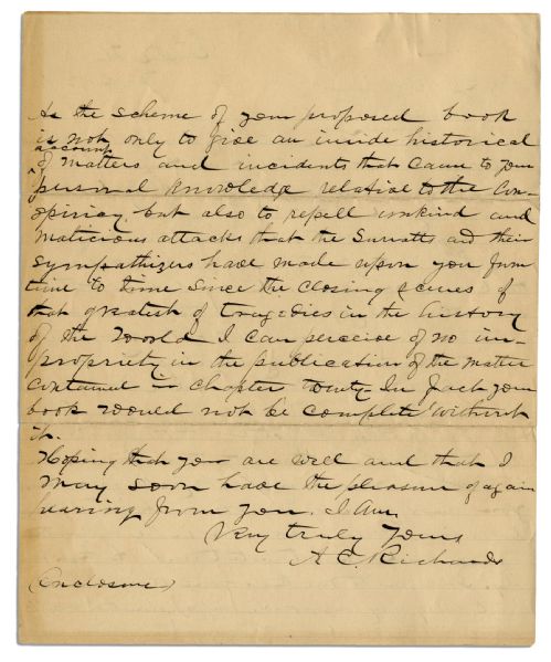 Lincoln Assassination Letter -- From Policeman Who Hunted Conspirators -- ''...you, an officer of the government...were a boarder in the Surratt house and on intimate terms with that family...''