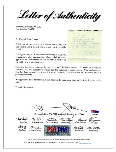 HOFer Earl ''Dutch'' Clark Autograph Letter Signed -- ''...the greatest feeling of satisfaction was being selected on the all-pro team for six straight years...'' -- With PSA/DNA COA
