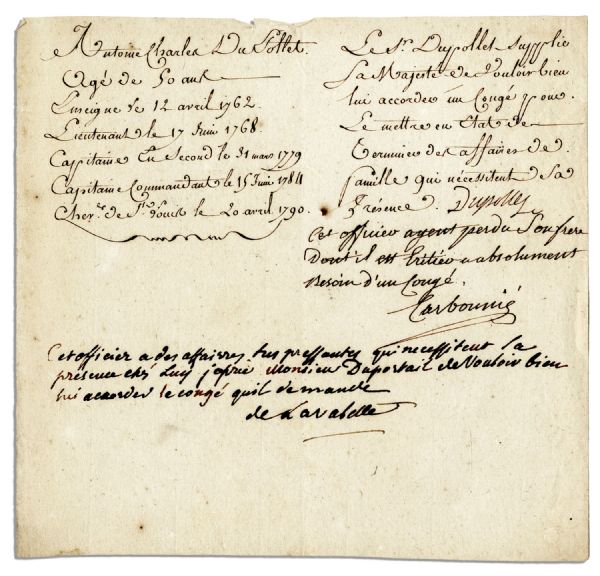 French Revolutionary General Earl de la Valette Autograph Note Signed -- ''...kindly grant him leave as requested...''
