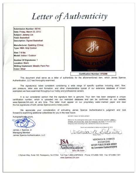 Jeremy Lin Signed Basketball -- With JSA COA