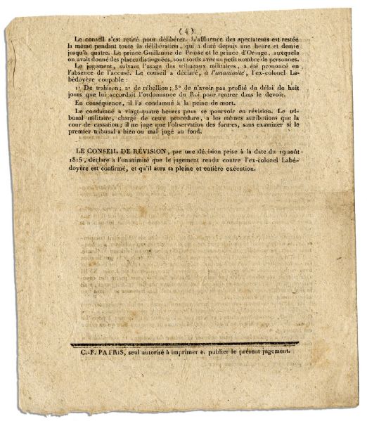 Death Sentence for Napoleon's Aide, General Charles de la Bedoyere -- ''...convicted of crimes of treason and rebellion, for having lent support in the invasion made by Bonaparte...''